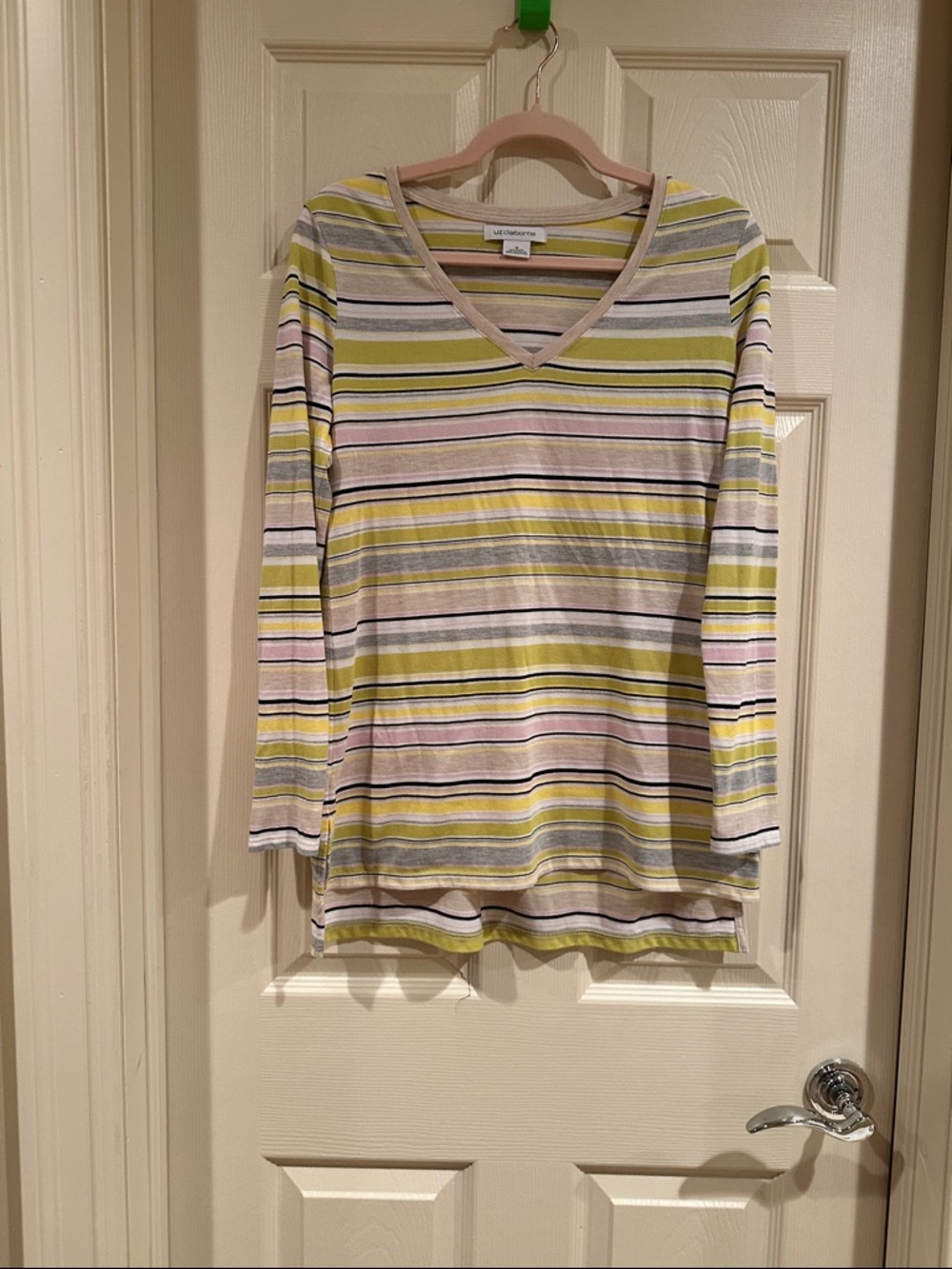 Liz Claiborne Striped V-Neck Long Sleeve Top - Yellow, White, Gray